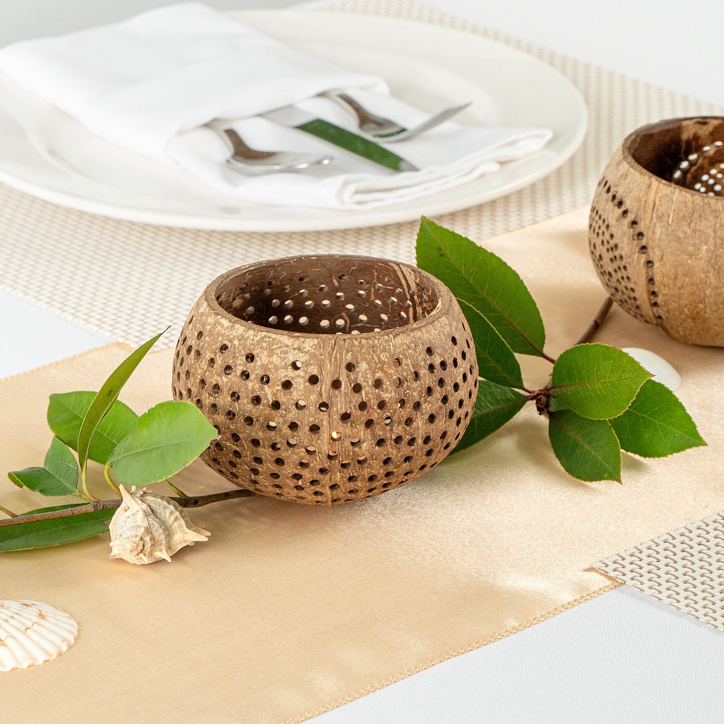 Coco Casa Tan Handmade Coconut Shell Candle Holder - Dotted Pattern - 4" x 4" x 3 1/4" - 10 count box