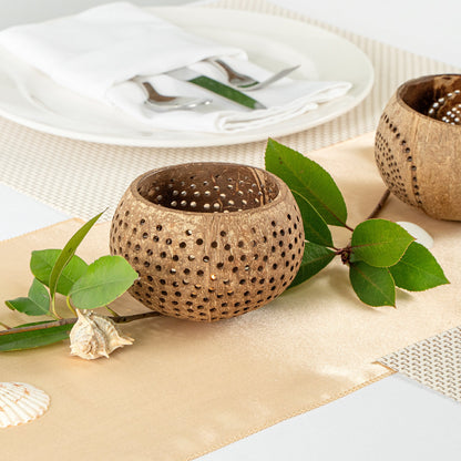 Coco Casa Tan Handmade Coconut Shell Candle Holder - Dotted Pattern - 4" x 4" x 3 1/4" - 10 count box
