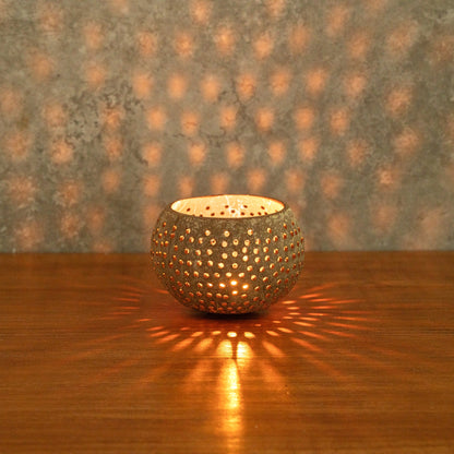 Coco Casa Tan Handmade Coconut Shell Candle Holder - Dotted Pattern - 4" x 4" x 3 1/4" - 10 count box