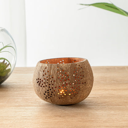 Coco Casa Brown Handmade Coconut Shell Candle Holder - Leaf Pattern - 4" x 4" x 3 1/4" - 10 count box