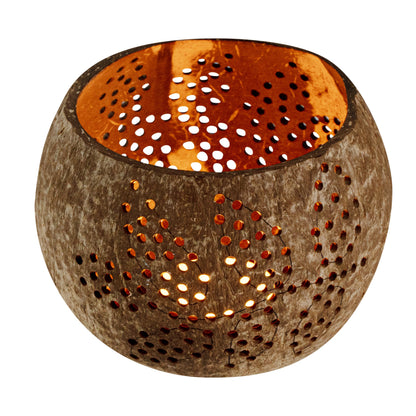 Coco Casa Brown Handmade Coconut Shell Candle Holder - Leaf Pattern - 4" x 4" x 3 1/4" - 10 count box