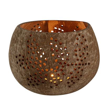 Coco Casa Brown Handmade Coconut Shell Candle Holder - Leaf Pattern - 4" x 4" x 3 1/4" - 10 count box