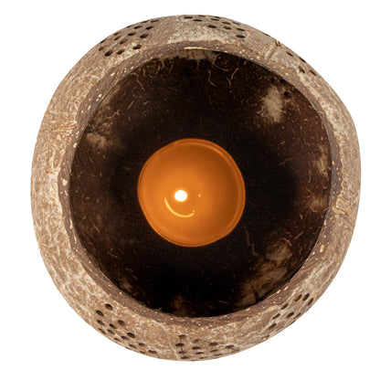 Coco Casa Brown Handmade Coconut Shell Candle Holder - Leaf Pattern - 4" x 4" x 3 1/4" - 10 count box