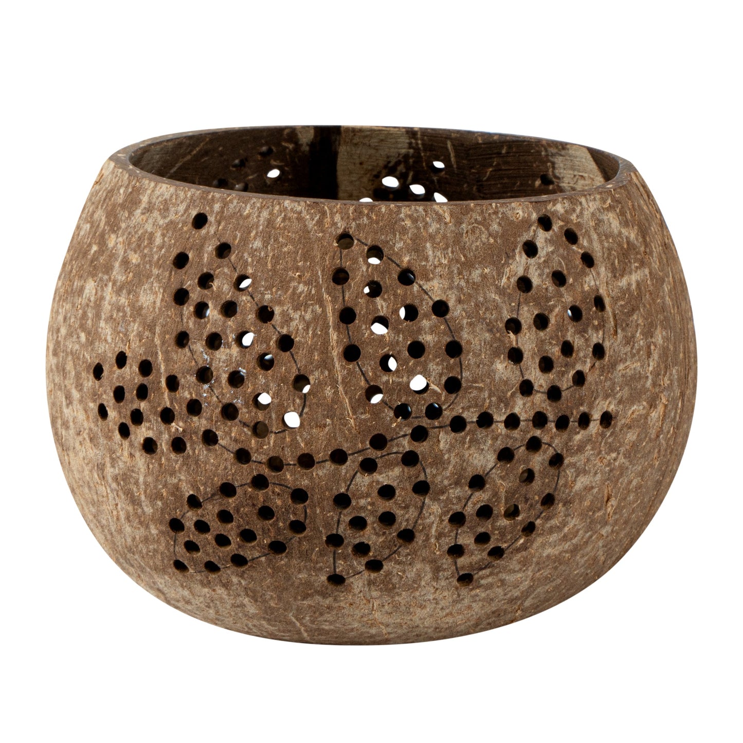 Coco Casa Brown Handmade Coconut Shell Candle Holder - Leaf Pattern - 4" x 4" x 3 1/4" - 10 count box