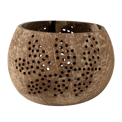 Coco Casa Brown Handmade Coconut Shell Candle Holder - Leaf Pattern - 4" x 4" x 3 1/4" - 10 count box
