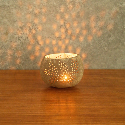 Coco Casa Brown Handmade Coconut Shell Candle Holder - Leaf Pattern - 4" x 4" x 3 1/4" - 10 count box