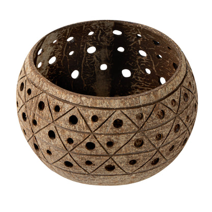 Coco Casa Tan Handmade Coconut Shell Candle Holder - Geometric Pattern - 4" x 4" x 3 1/4" - 1 count box