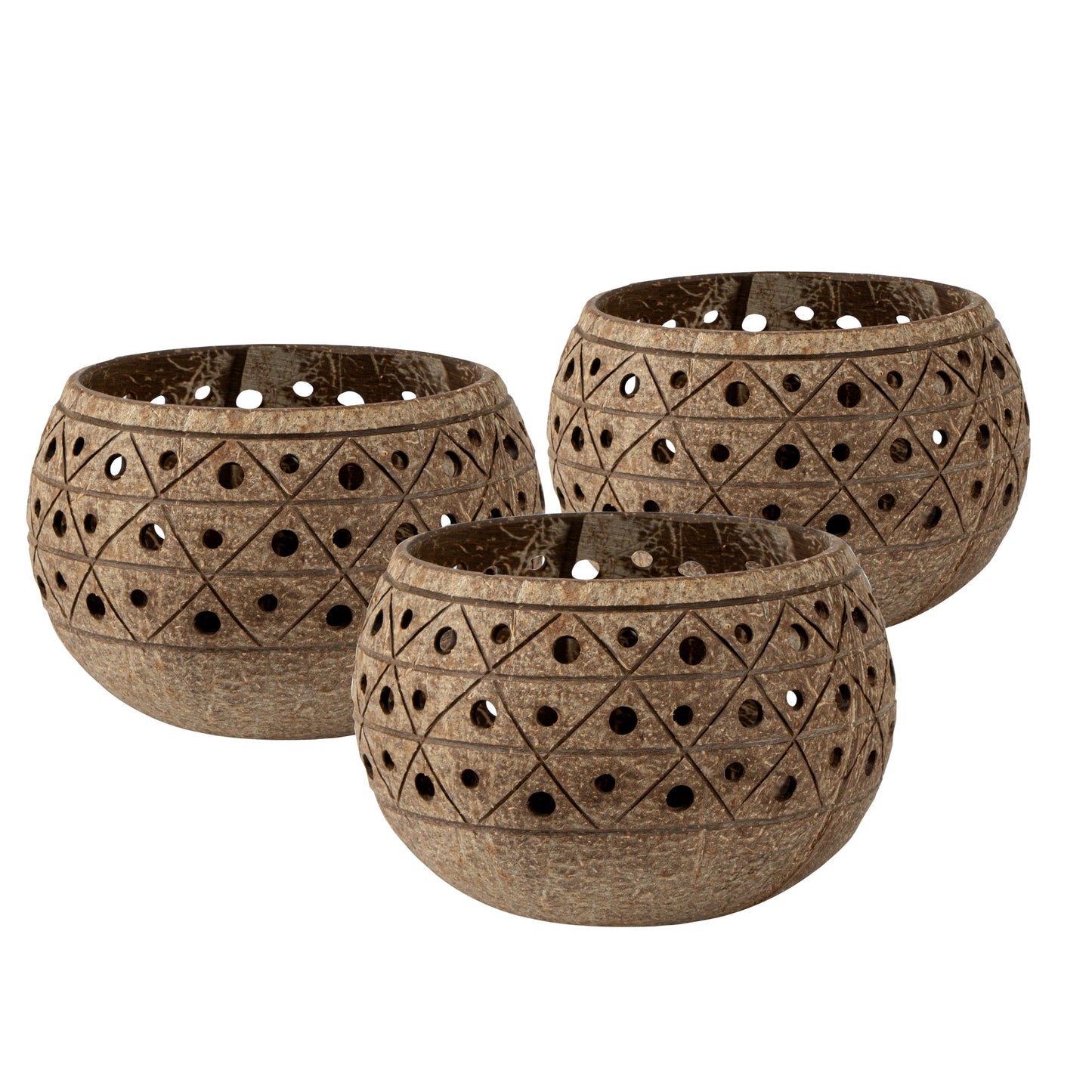 Coco Casa Tan Handmade Coconut Shell Candle Holder - Geometric Pattern - 4" x 4" x 3 1/4" - 1 count box