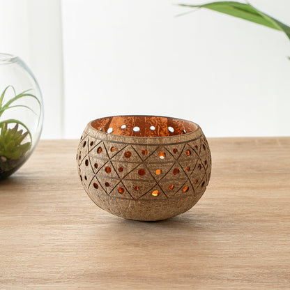 Coco Casa Tan Handmade Coconut Shell Candle Holder - Geometric Pattern - 4" x 4" x 3 1/4" - 1 count box