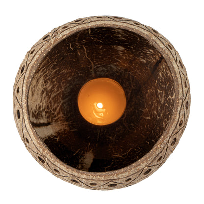 Coco Casa Tan Handmade Coconut Shell Candle Holder - Geometric Pattern - 4" x 4" x 3 1/4" - 1 count box