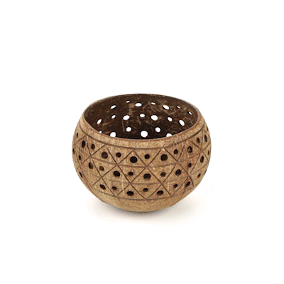 Coco Casa Tan Handmade Coconut Shell Candle Holder - Geometric Pattern - 4" x 4" x 3 1/4" - 1 count box