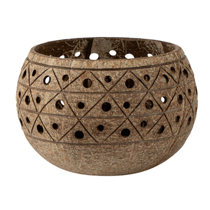 Coco Casa Tan Handmade Coconut Shell Candle Holder - Geometric Pattern - 4" x 4" x 3 1/4" - 1 count box