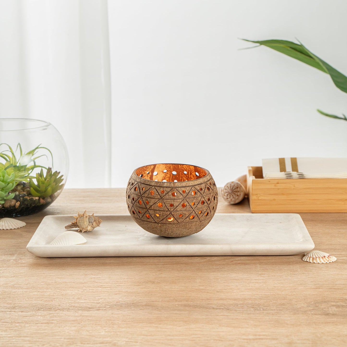 Coco Casa Tan Handmade Coconut Shell Candle Holder - Geometric Pattern - 4" x 4" x 3 1/4" - 1 count box