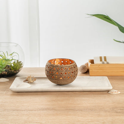 Coco Casa Tan Handmade Coconut Shell Candle Holder - Geometric Pattern - 4" x 4" x 3 1/4" - 1 count box