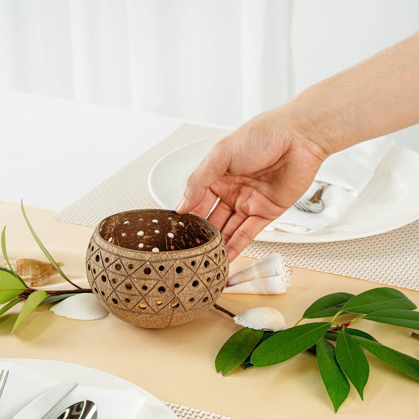 Coco Casa Tan Handmade Coconut Shell Candle Holder - Geometric Pattern - 4" x 4" x 3 1/4" - 1 count box