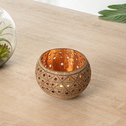 Coco Casa Tan Handmade Coconut Shell Candle Holder - Geometric Pattern - 4" x 4" x 3 1/4" - 1 count box