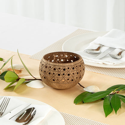 Coco Casa Tan Handmade Coconut Shell Candle Holder - Geometric Pattern - 4" x 4" x 3 1/4" - 1 count box