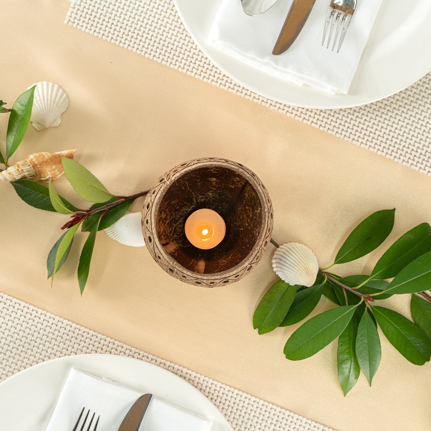 Coco Casa Tan Handmade Coconut Shell Candle Holder - Geometric Pattern - 4" x 4" x 3 1/4" - 1 count box