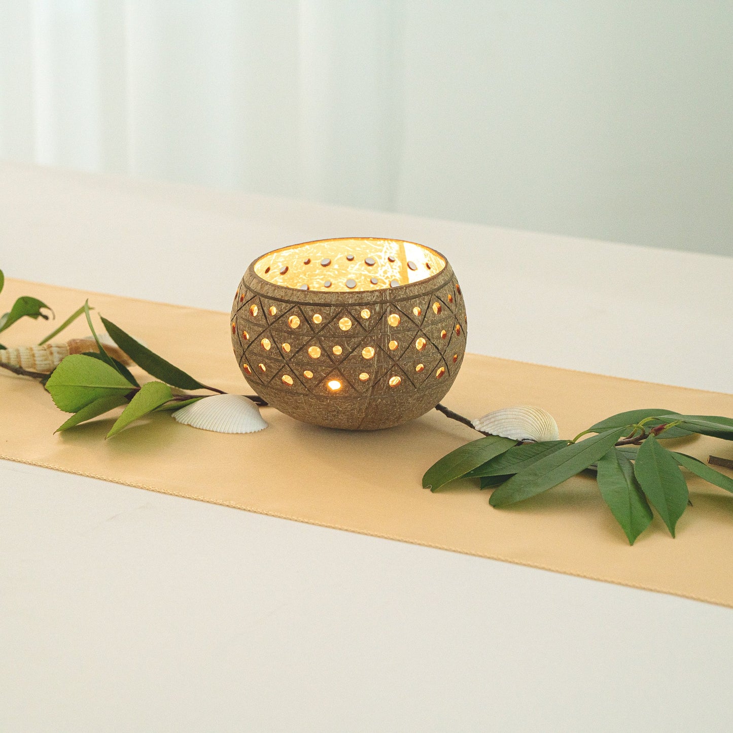 Coco Casa Tan Handmade Coconut Shell Candle Holder - Geometric Pattern - 4" x 4" x 3 1/4" - 1 count box
