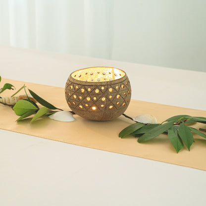 Coco Casa Tan Handmade Coconut Shell Candle Holder - Geometric Pattern - 4" x 4" x 3 1/4" - 1 count box