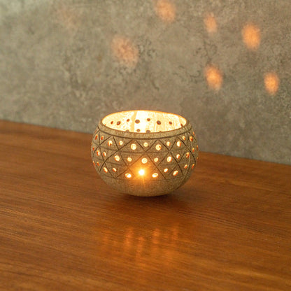 Coco Casa Tan Handmade Coconut Shell Candle Holder - Geometric Pattern - 4" x 4" x 3 1/4" - 1 count box