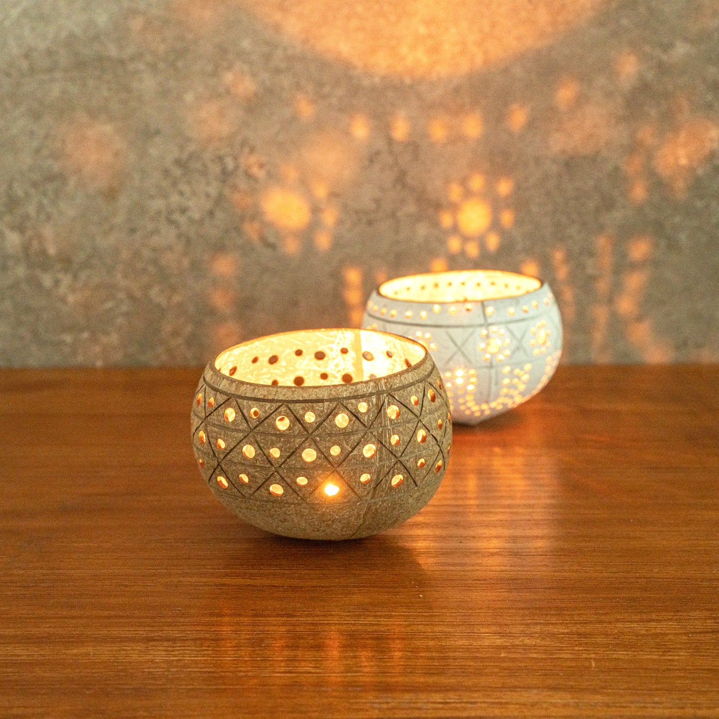 Coco Casa Tan Handmade Coconut Shell Candle Holder - Geometric Pattern - 4" x 4" x 3 1/4" - 1 count box