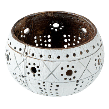Coco Casa White Handmade Coconut Shell Candle Holder - Sun and Light Pattern - 4" x 4" x 3 1/4" - 1 count box