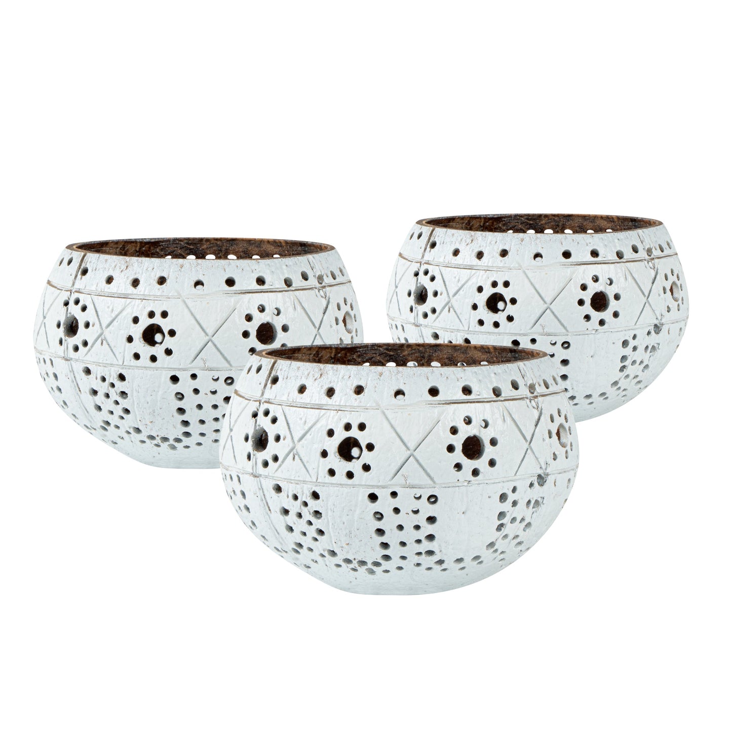 Coco Casa White Handmade Coconut Shell Candle Holder - Sun and Light Pattern - 4" x 4" x 3 1/4" - 1 count box