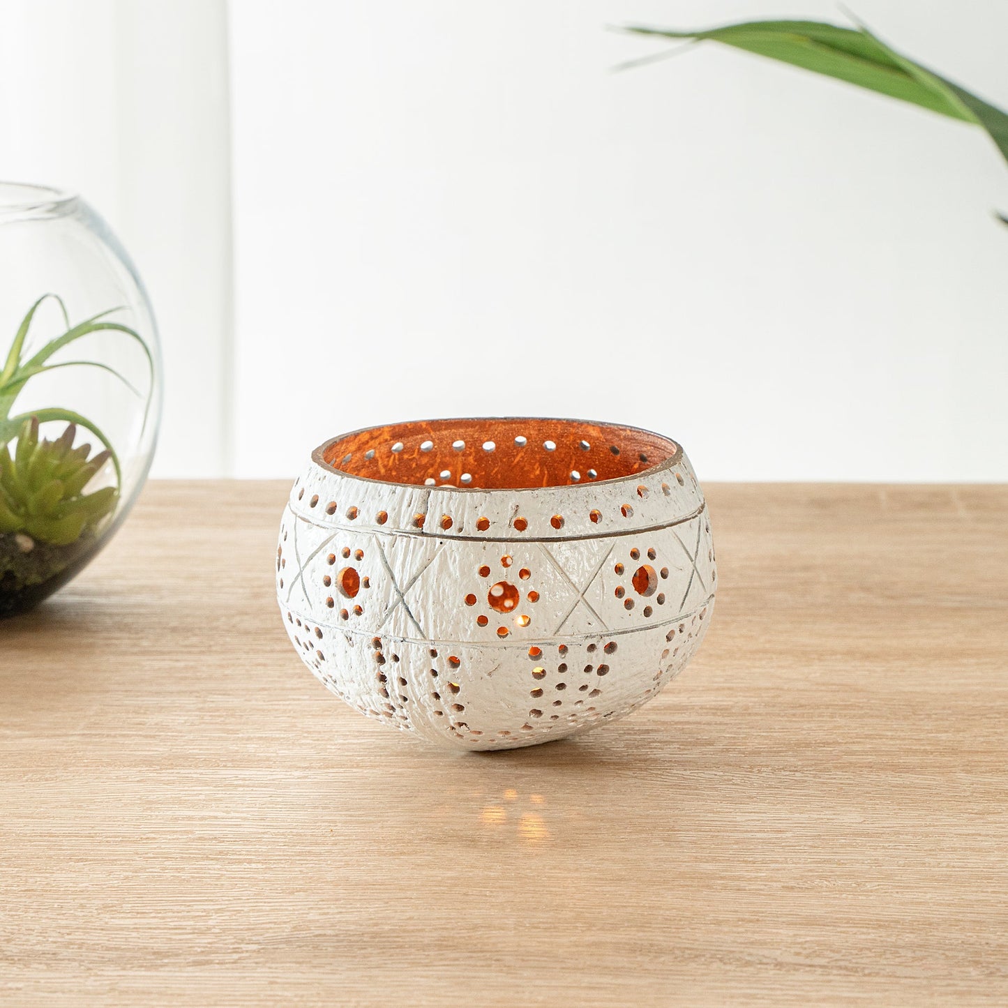 Coco Casa White Handmade Coconut Shell Candle Holder - Sun and Light Pattern - 4" x 4" x 3 1/4" - 1 count box