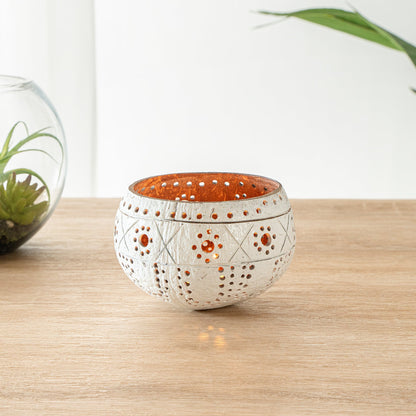 Coco Casa White Handmade Coconut Shell Candle Holder - Sun and Light Pattern - 4" x 4" x 3 1/4" - 1 count box