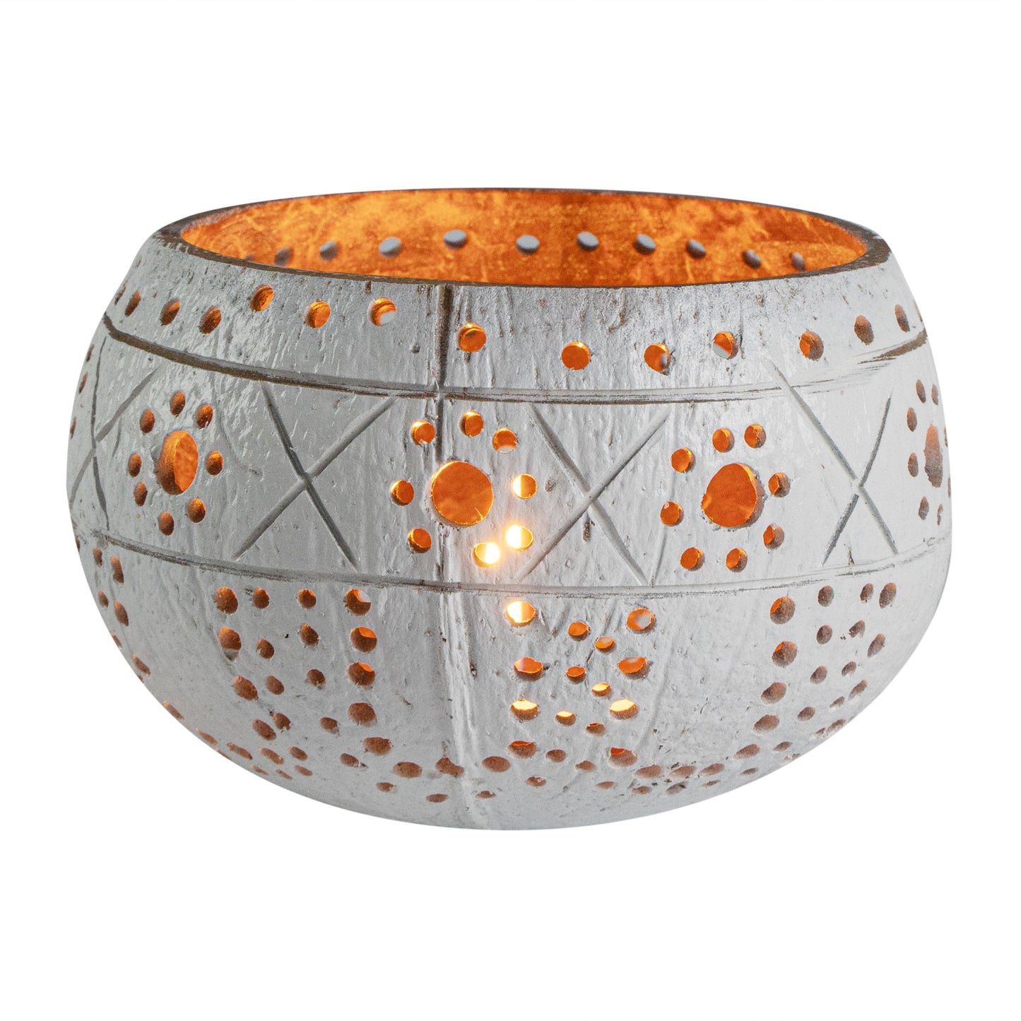Coco Casa White Handmade Coconut Shell Candle Holder - Sun and Light Pattern - 4" x 4" x 3 1/4" - 1 count box