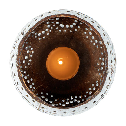 Coco Casa White Handmade Coconut Shell Candle Holder - Sun and Light Pattern - 4" x 4" x 3 1/4" - 1 count box