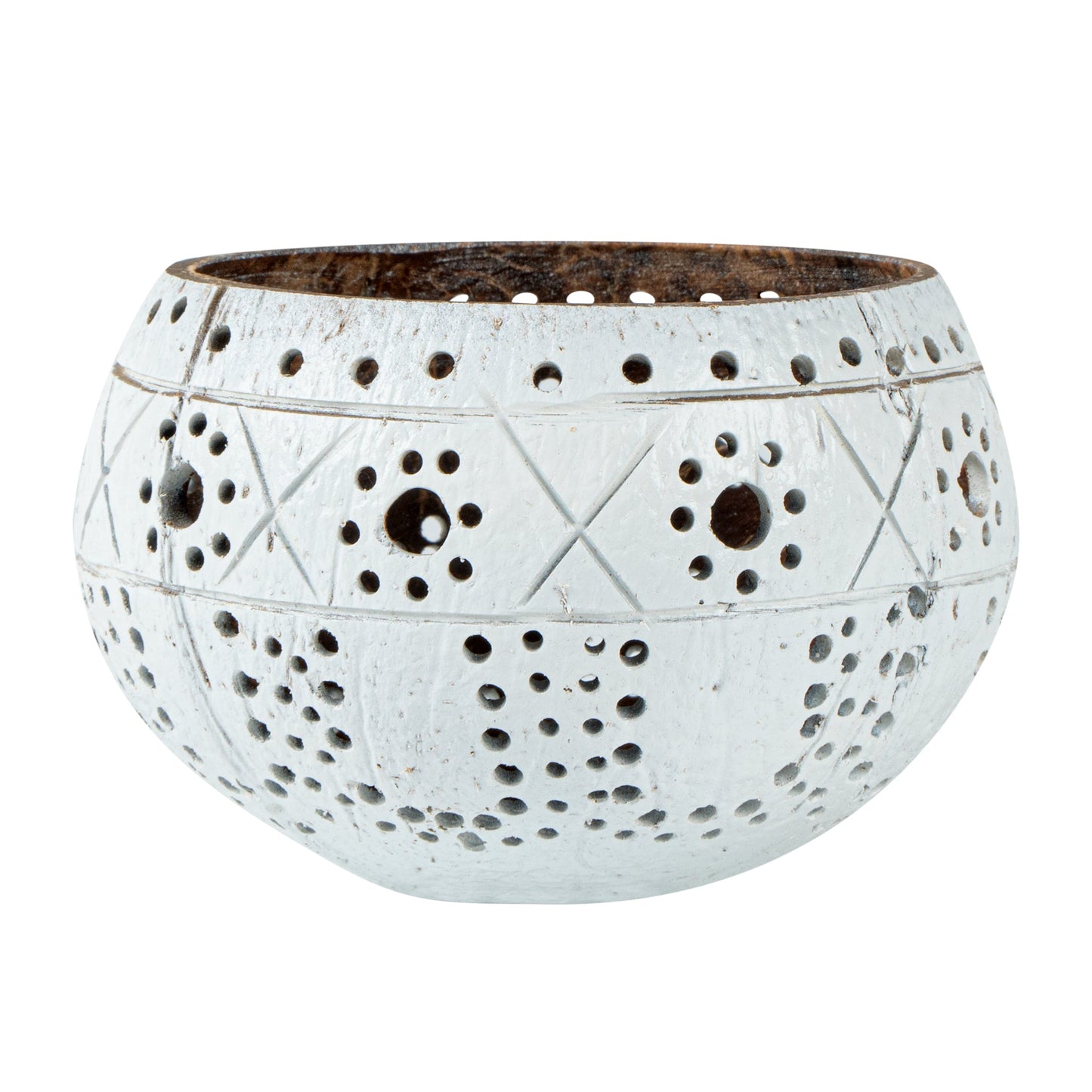 Coco Casa White Handmade Coconut Shell Candle Holder - Sun and Light Pattern - 4" x 4" x 3 1/4" - 1 count box