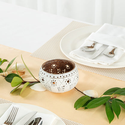 Coco Casa White Handmade Coconut Shell Candle Holder - Sun and Light Pattern - 4" x 4" x 3 1/4" - 1 count box