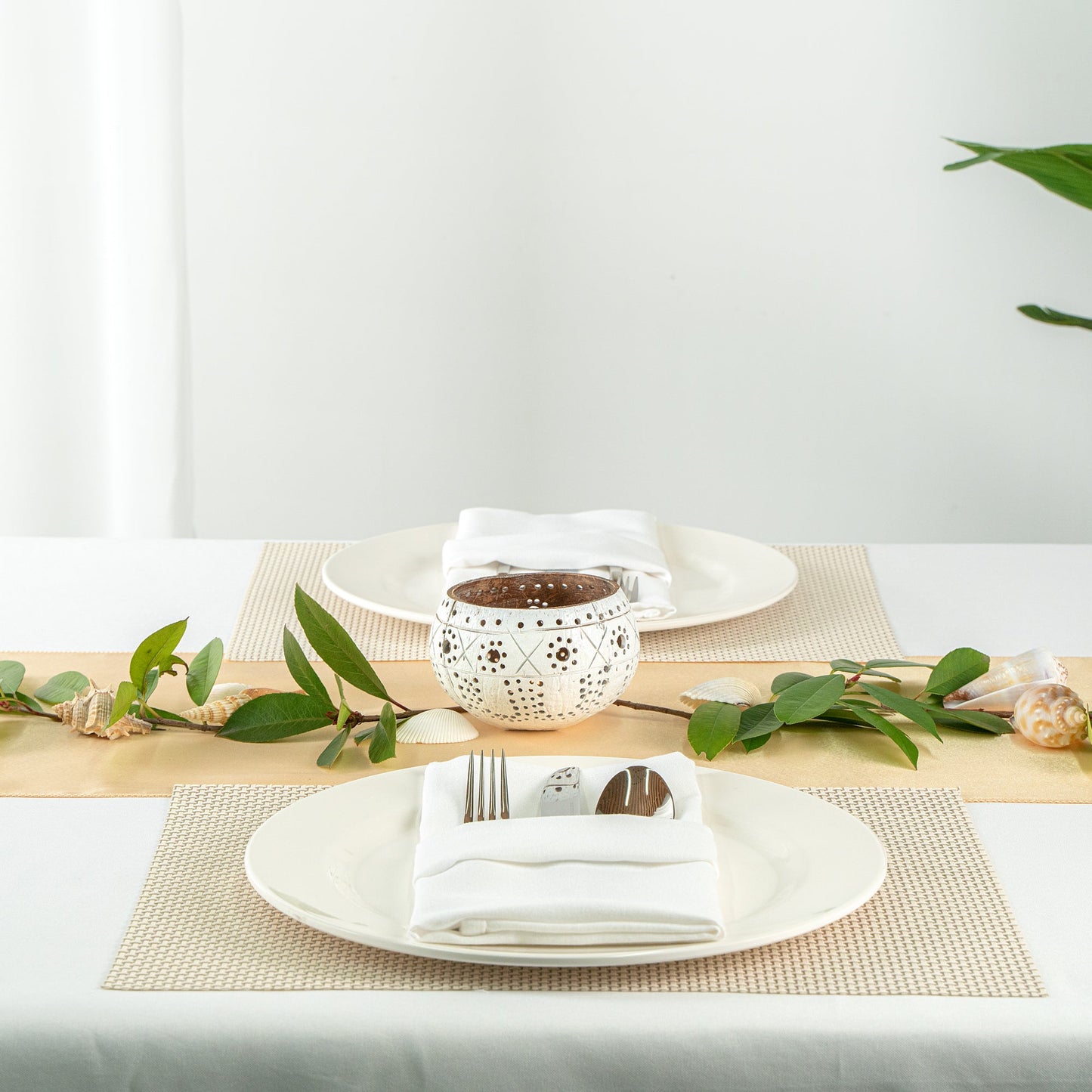 Coco Casa White Handmade Coconut Shell Candle Holder - Sun and Light Pattern - 4" x 4" x 3 1/4" - 1 count box