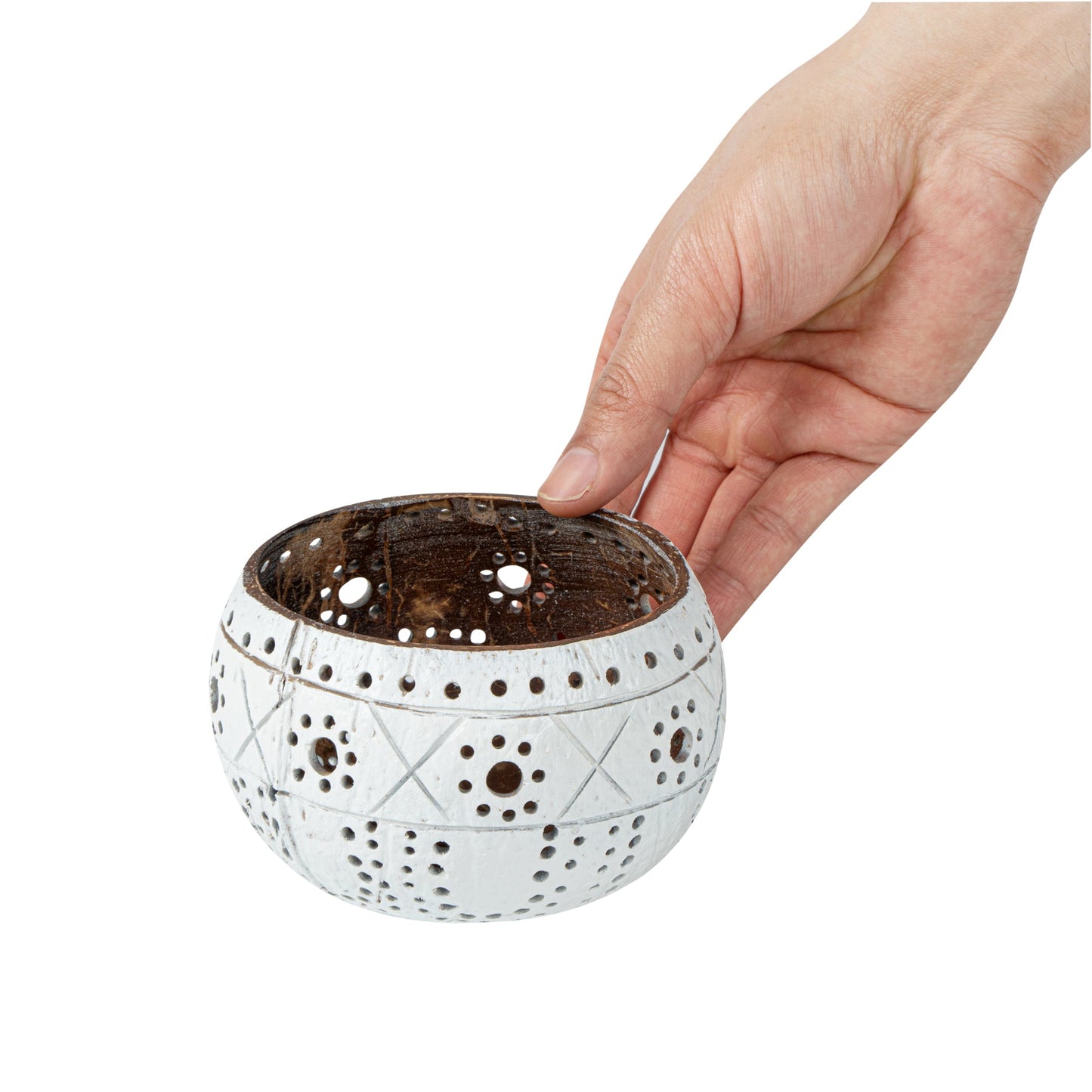Coco Casa White Handmade Coconut Shell Candle Holder - Sun and Light Pattern - 4" x 4" x 3 1/4" - 10 count box