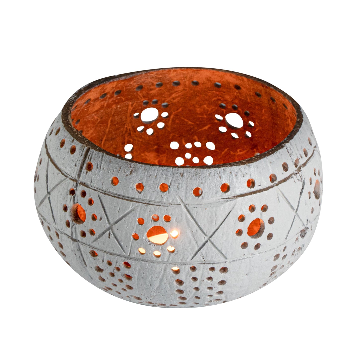 Coco Casa White Handmade Coconut Shell Candle Holder - Sun and Light Pattern - 4" x 4" x 3 1/4" - 10 count box