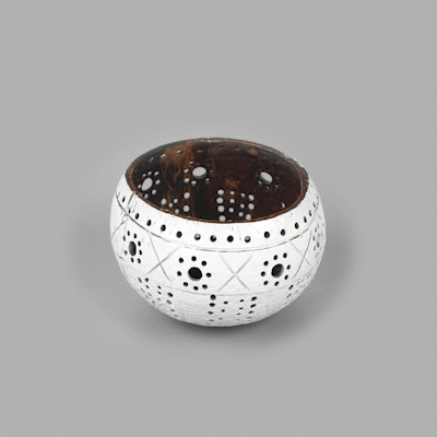 Coco Casa White Handmade Coconut Shell Candle Holder - Sun and Light Pattern - 4" x 4" x 3 1/4" - 10 count box