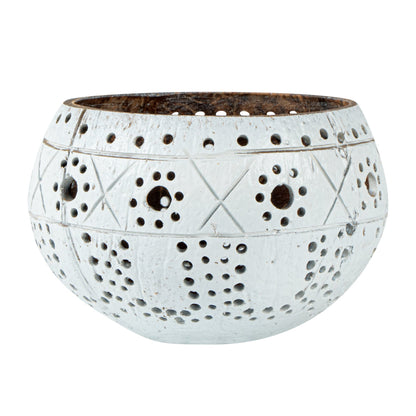 Coco Casa White Handmade Coconut Shell Candle Holder - Sun and Light Pattern - 4" x 4" x 3 1/4" - 10 count box