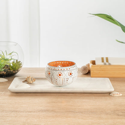 Coco Casa White Handmade Coconut Shell Candle Holder - Sun and Light Pattern - 4" x 4" x 3 1/4" - 10 count box