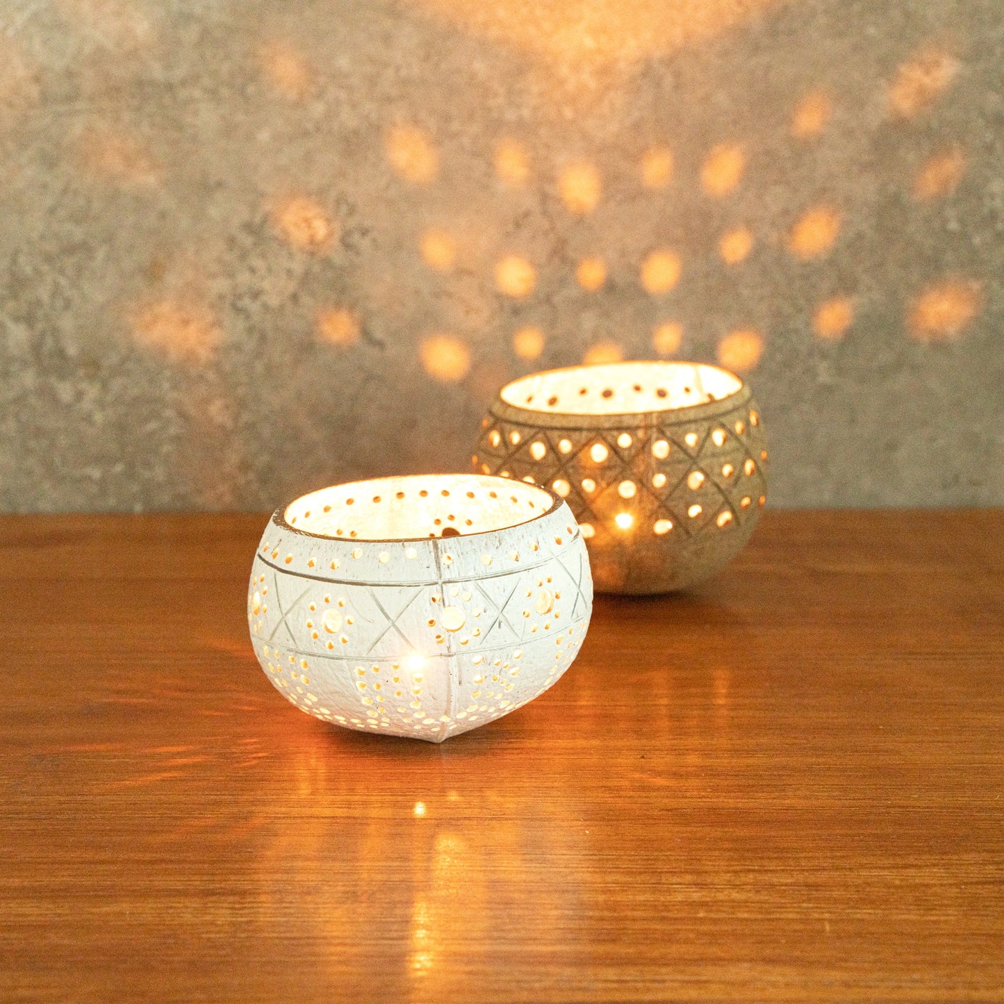 Coco Casa White Handmade Coconut Shell Candle Holder - Sun and Light Pattern - 4" x 4" x 3 1/4" - 10 count box