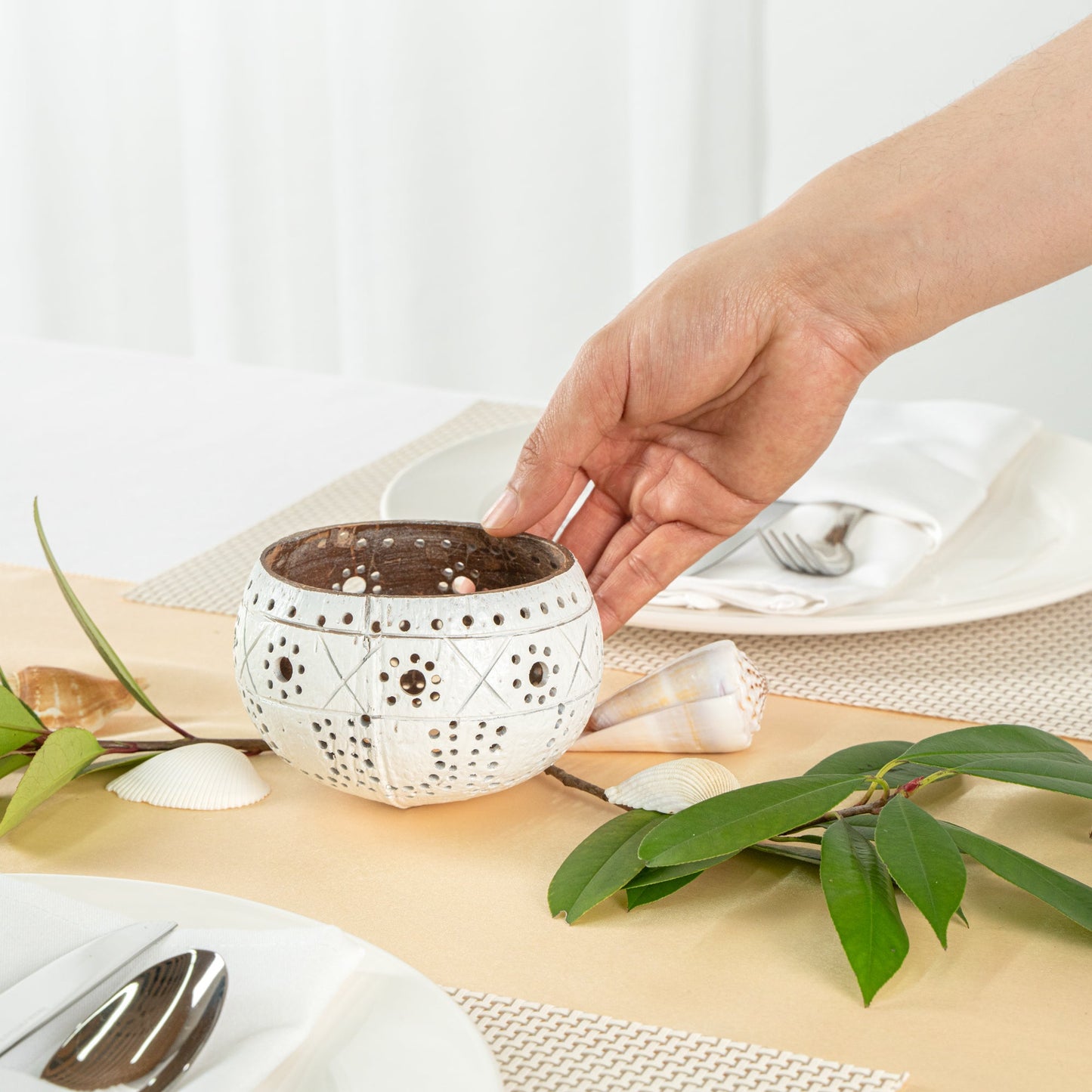 Coco Casa White Handmade Coconut Shell Candle Holder - Sun and Light Pattern - 4" x 4" x 3 1/4" - 10 count box
