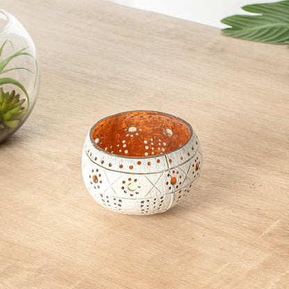Coco Casa White Handmade Coconut Shell Candle Holder - Sun and Light Pattern - 4" x 4" x 3 1/4" - 10 count box