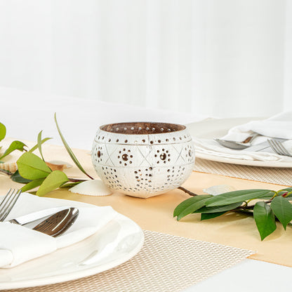 Coco Casa White Handmade Coconut Shell Candle Holder - Sun and Light Pattern - 4" x 4" x 3 1/4" - 10 count box