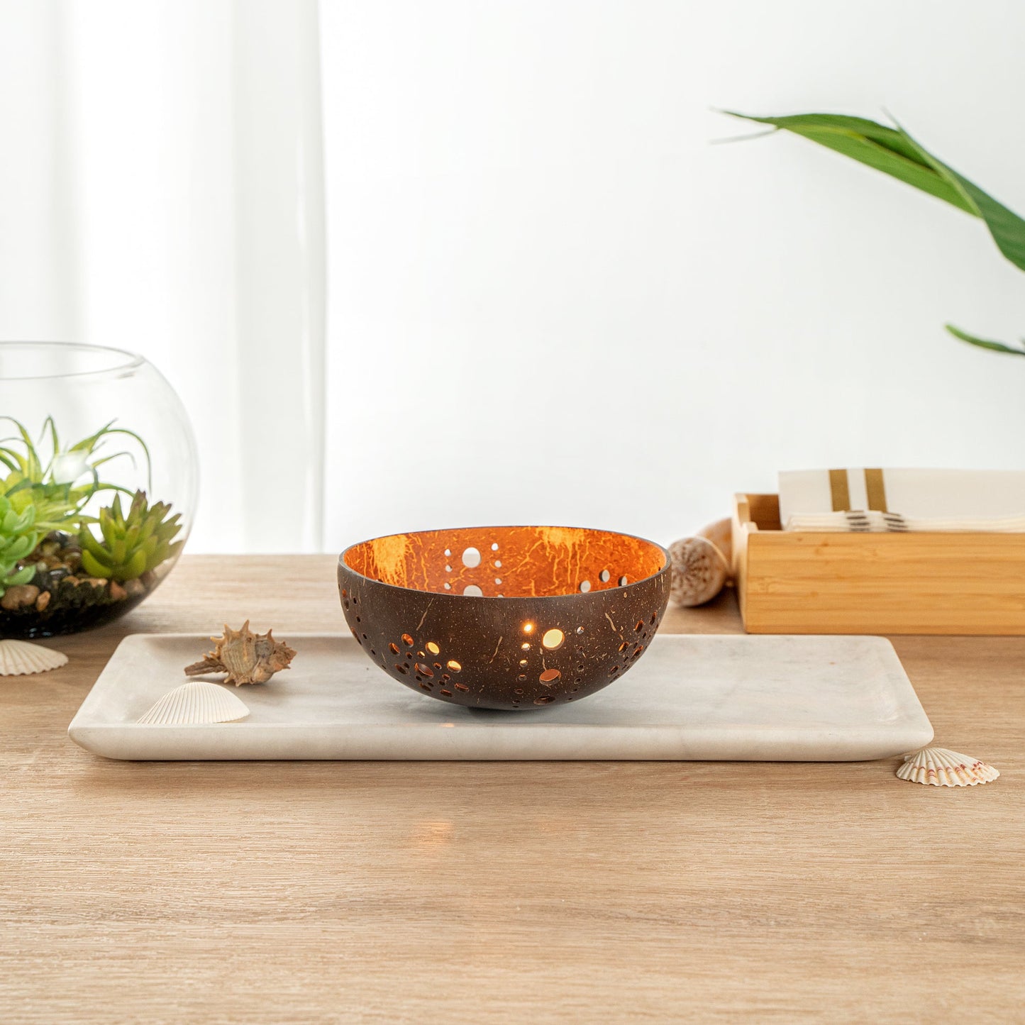 Coco Casa Brown Handmade Coconut Shell Candle Holder - Sun Pattern - 5" x 5" x 2" - 1 count box