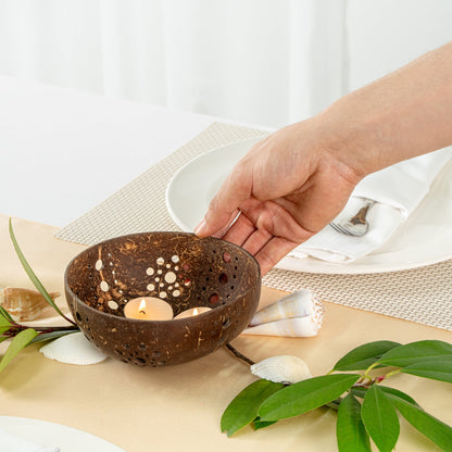 Coco Casa Brown Handmade Coconut Shell Candle Holder - Sun Pattern - 5" x 5" x 2" - 1 count box