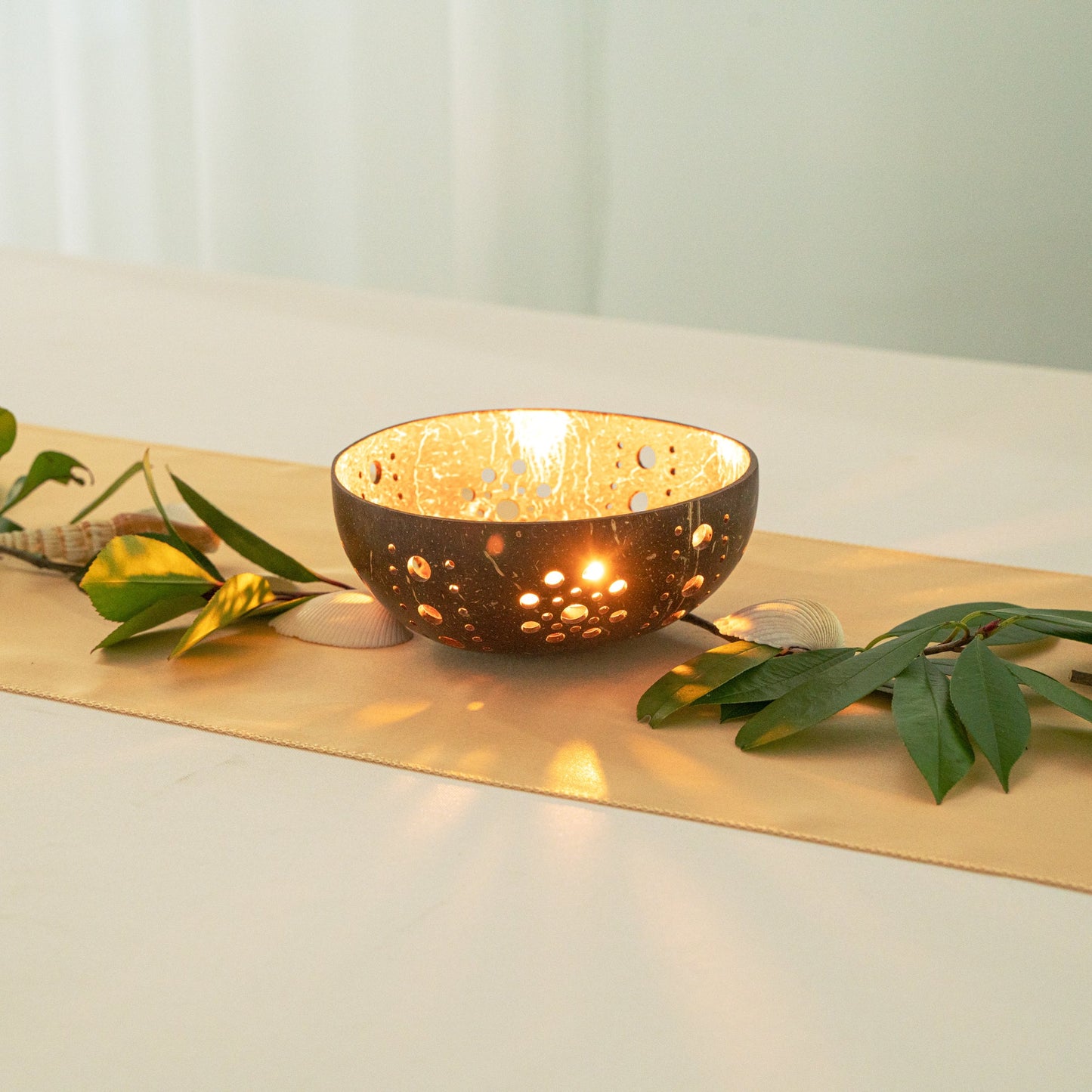 Coco Casa Brown Handmade Coconut Shell Candle Holder - Sun Pattern - 5" x 5" x 2" - 1 count box