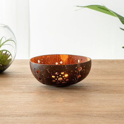 Coco Casa Brown Handmade Coconut Shell Candle Holder - Sun Pattern - 5" x 5" x 2" - 10 count box