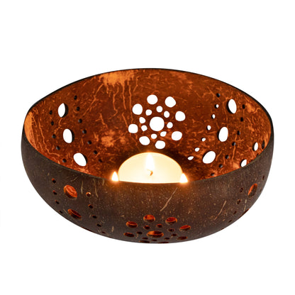 Coco Casa Brown Handmade Coconut Shell Candle Holder - Sun Pattern - 5" x 5" x 2" - 10 count box