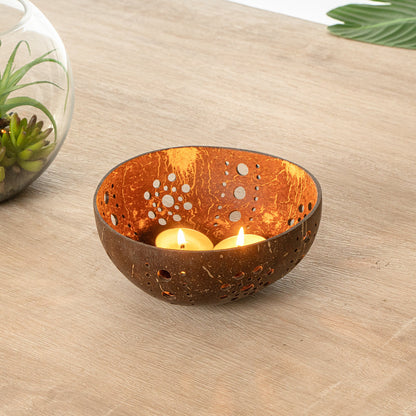 Coco Casa Brown Handmade Coconut Shell Candle Holder - Sun Pattern - 5" x 5" x 2" - 10 count box